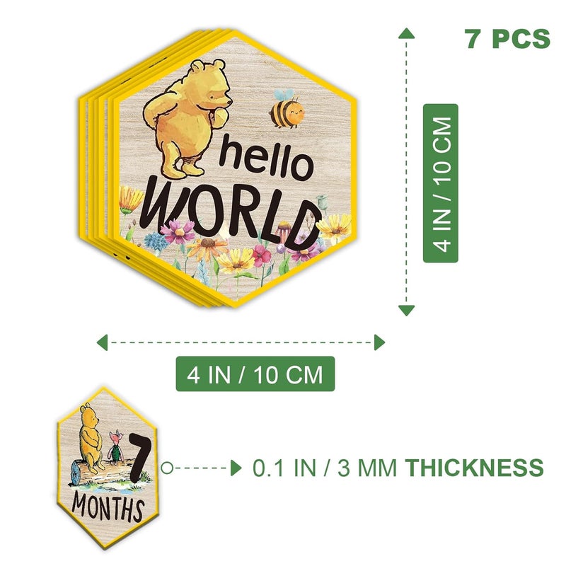 PAMBO The Winnie Baby Bear Month Milestone Circles, Wooden Discs Stuff for Baby Photo Takens with Hello World Name Signs - 7Pcs Double Sided Signs- Laser Engraving - Image 3